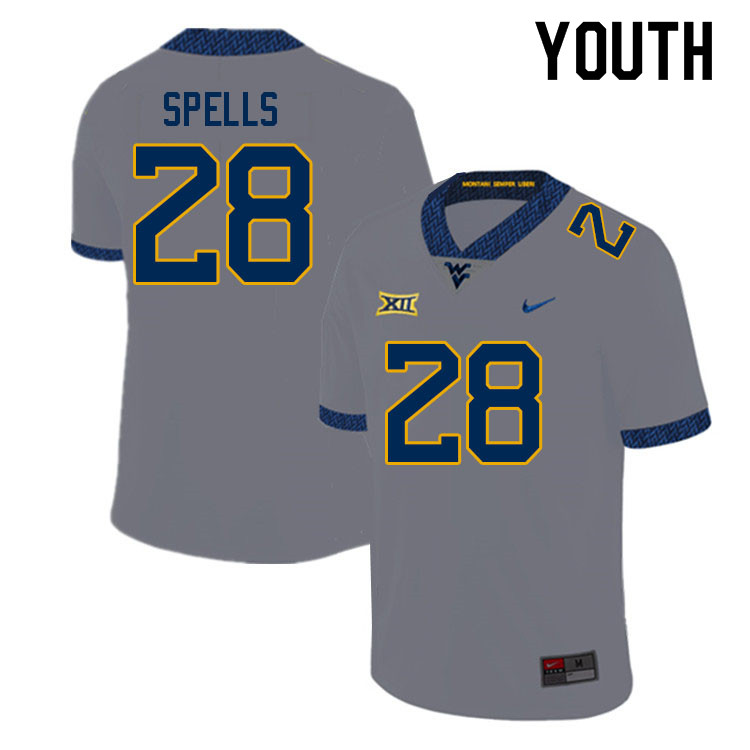 Youth #28 Jacolby Spells West Virginia Mountaineers College Football Jerseys Sale-Gray